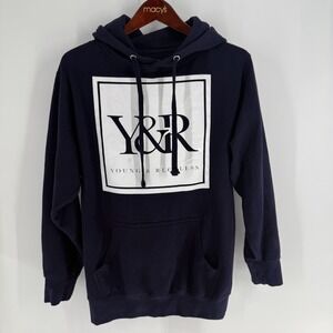 Young & Reckless Spell Out Kangaroo Pockets Pullover Hoodie Navy Blue White SZ S
